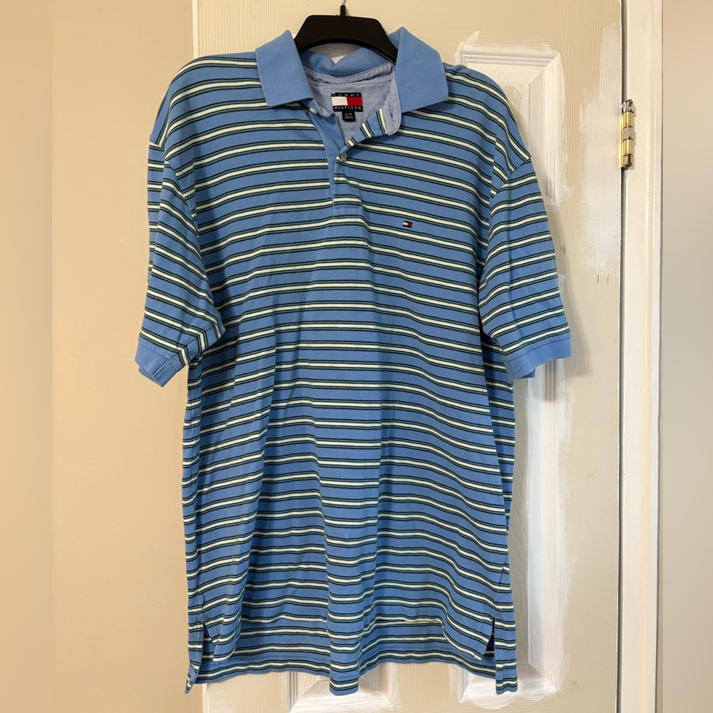 Tommy Hilfiger Men's Polo in Blue Yellow and Green Stripes XL